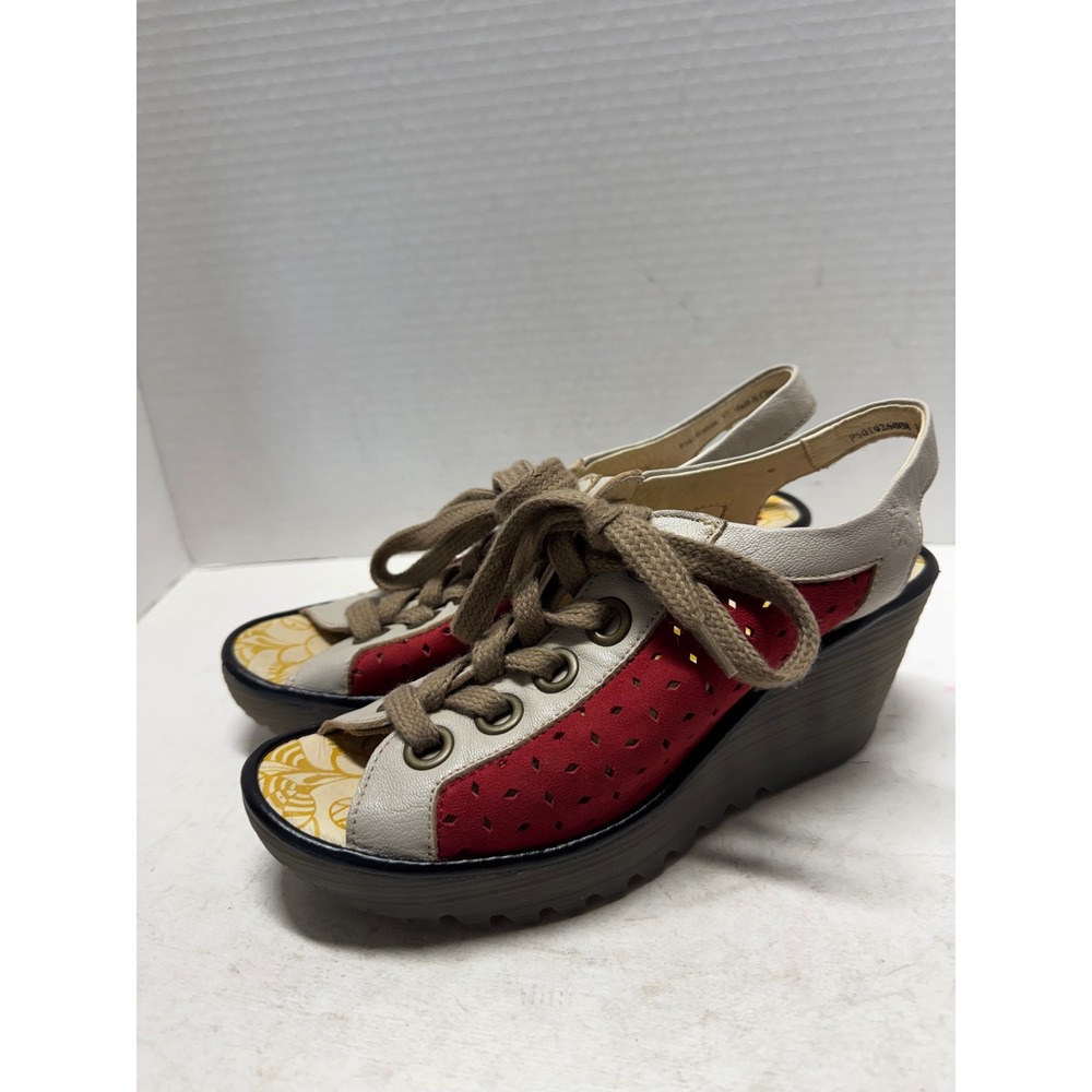 Fly London Yala Red White Leather Lace Up Wedge Sandals P501026008 Size 37 6.5 - Picture 1 of 10